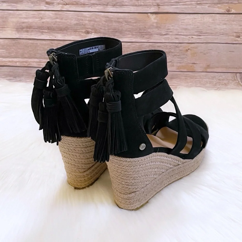 UGG Raquel Black Espadrille Platform Wedge Sandals - Picture 2 of 8